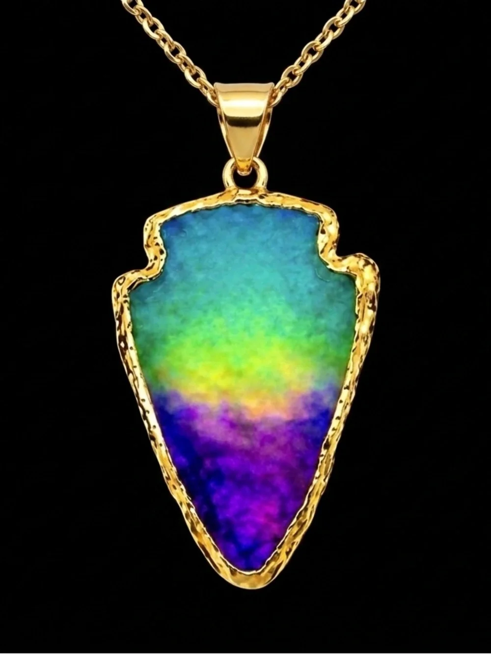 Ombre Arrowhead- Angel Aura Rainbow Quartz Striking Tip Point Head Gold Necklace